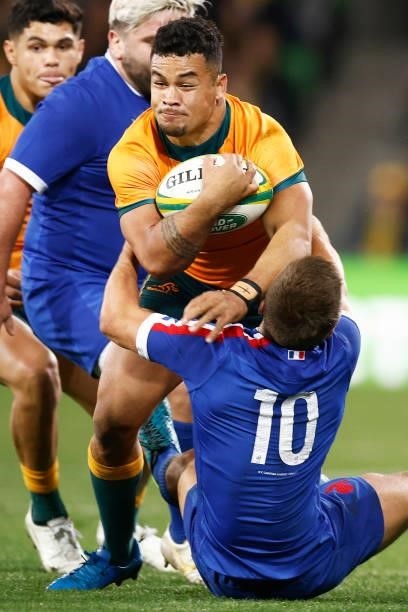 Hunter Paisami of the Wallabies is tackled during the International Test match between the Australian Wallabies and France at AAMI Park on July 13,...