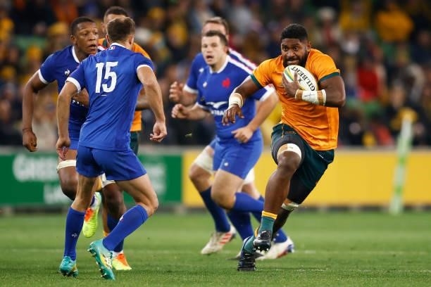 Isi Naisarani of the Wallabies makes a break during the International Test match between the Australian Wallabies and France at AAMI Park on July 13,...