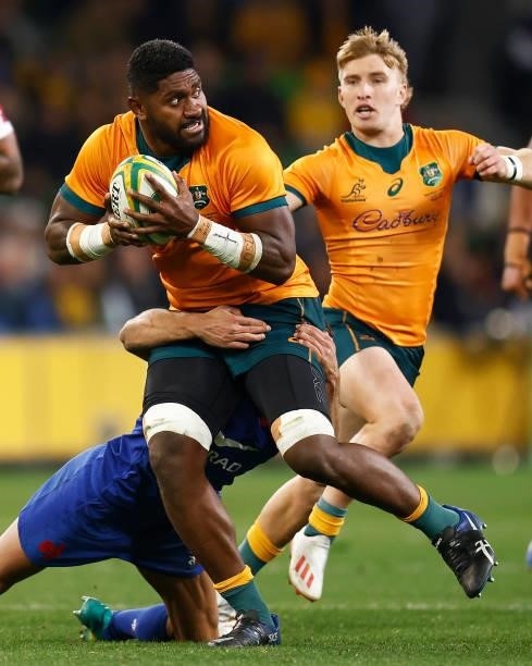 Isi Naisarani of the Wallabies is tackled during the International Test match between the Australian Wallabies and France at AAMI Park on July 13,...