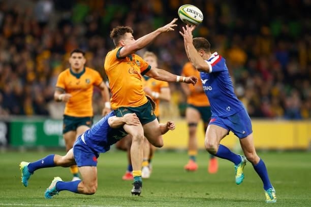 Tom Banks of the Wallabies passes during the International Test match between the Australian Wallabies and France at AAMI Park on July 13, 2021 in...