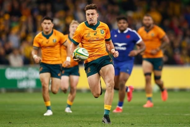 Tom Banks of the Wallabies runs with the ball during the International Test match between the Australian Wallabies and France at AAMI Park on July...