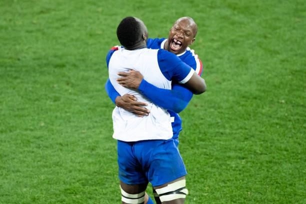 France celebrate victory during the International Test match between the Australian Wallabies and France at AAMI Park on July 13, 2021 in Melbourne,...