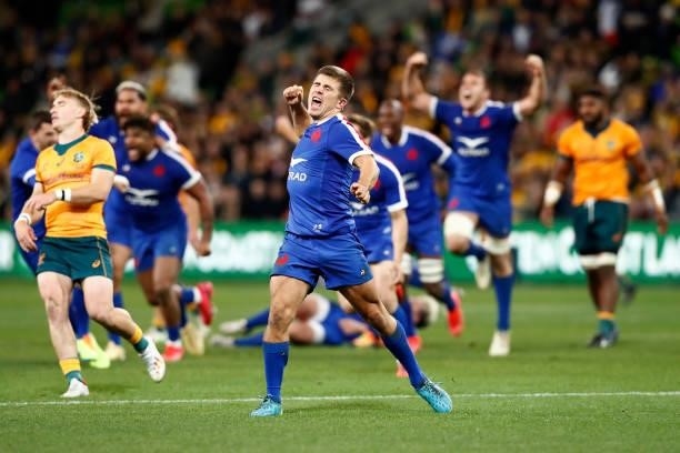 Louis Carbonel of France celebrates his teams win during the International Test match between the Australian Wallabies and France at AAMI Park on...