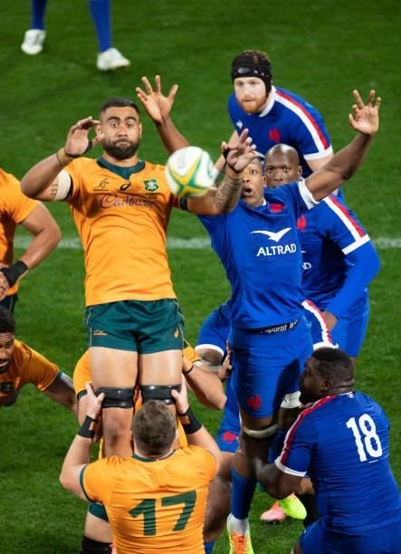 Lukhan Salakai-loto of the Wallabies and Cameron Woki of France compete in a line during the International Test match between the Australian...