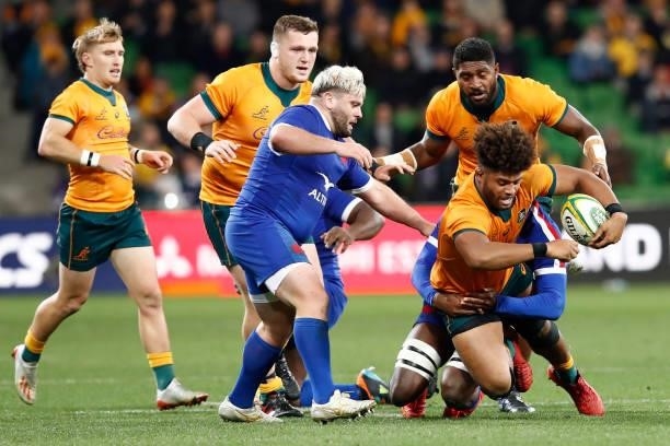 Robert Valetini of the Wallabies is tackled during the International Test match between the Australian Wallabies and France at AAMI Park on July 13,...