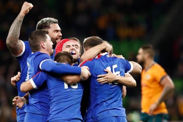 French players celebrate their win during the International Test match between the Australian Wallabies and France at AAMI Park on July 13, 2021 in...