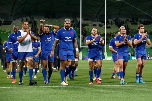 French players acknowledge their fans after the International Test match between the Australian Wallabies and France at AAMI Park on July 13, 2021 in...