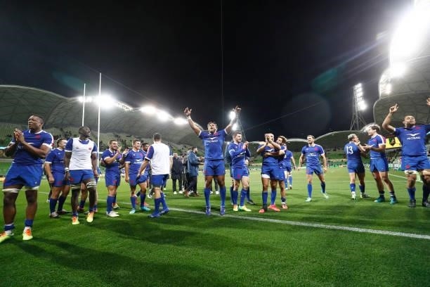 French players acknowledge their fans after the International Test match between the Australian Wallabies and France at AAMI Park on July 13, 2021 in...