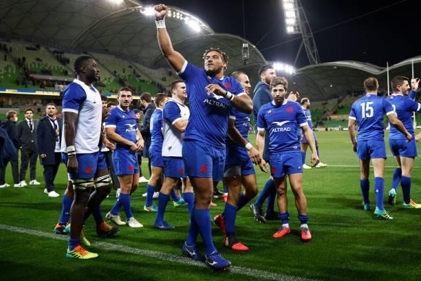 France celebrate victory after winning the International Test match between the Australian Wallabies and France at AAMI Park on July 13, 2021 in...