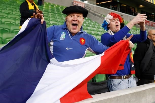 Fans of France celebrate victory after the International Test match between the Australian Wallabies and France at AAMI Park on July 13, 2021 in...