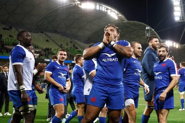 France celebrate victory after winning the International Test match between the Australian Wallabies and France at AAMI Park on July 13, 2021 in...
