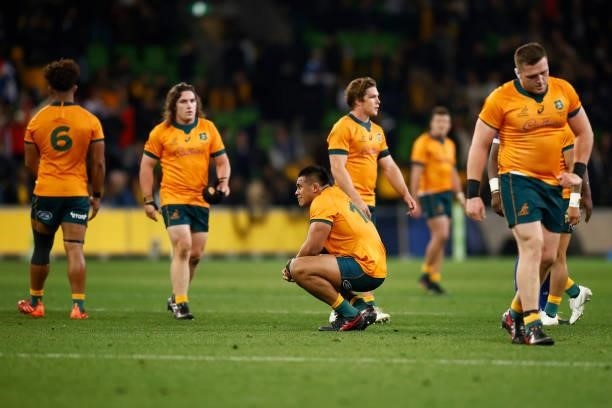 The Wallabies look dejected after the International Test match between the Australian Wallabies and France at AAMI Park on July 13, 2021 in...