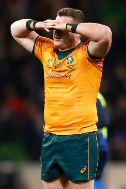 Angus Bell of the Wallabies looks dejected after defeat in the International Test match between the Australian Wallabies and France at AAMI Park on...
