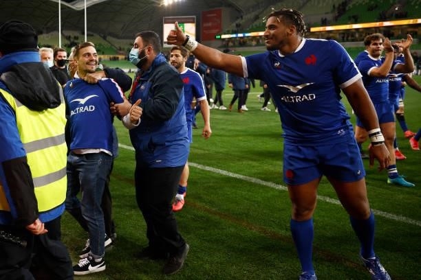 Fans of France invade the pitch after the International Test match between the Australian Wallabies and France at AAMI Park on July 13, 2021 in...