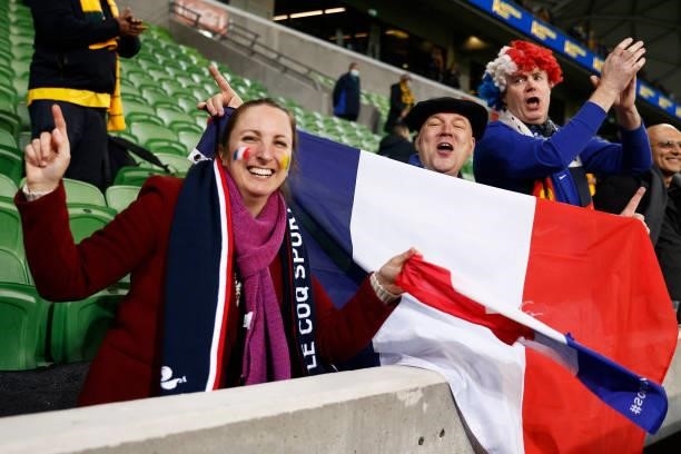 Fans of France celebrate victory after the International Test match between the Australian Wallabies and France at AAMI Park on July 13, 2021 in...