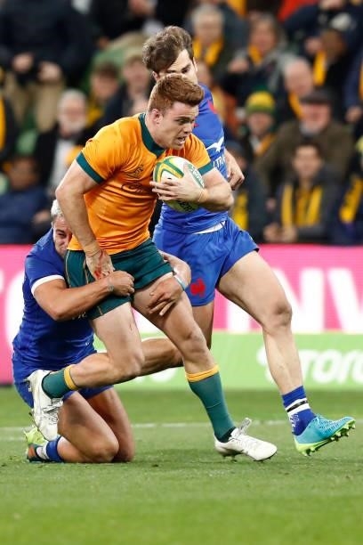 Arthur Vincent of France tackles Andrew Kellaway of the Wallabies during the International Test match between the Australian Wallabies and France at...