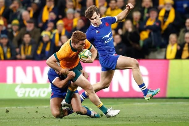 Arthur Vincent of France tackles Andrew Kellaway of the Wallabies during the International Test match between the Australian Wallabies and France at...
