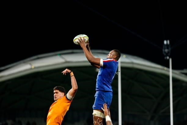 Cameron Woki of France wins the ball from a line out during the International Test match between the Australian Wallabies and France at AAMI Park on...