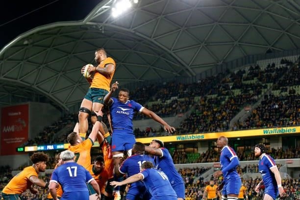 Lukhan Salakaia-Loto of the Wallabies wins the ball in a line out during the International Test match between the Australian Wallabies and France at...