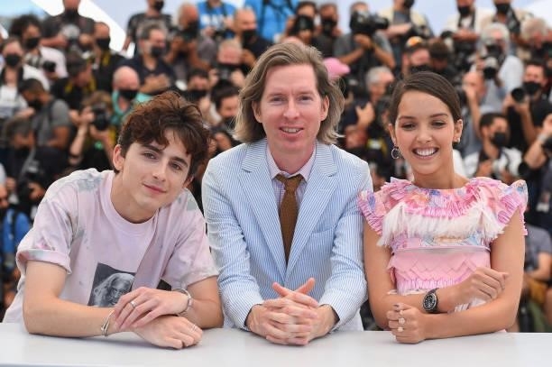 Timothée Chalamet, Wes Anderson and Lyna Khoudri attend the "The French Dispatch