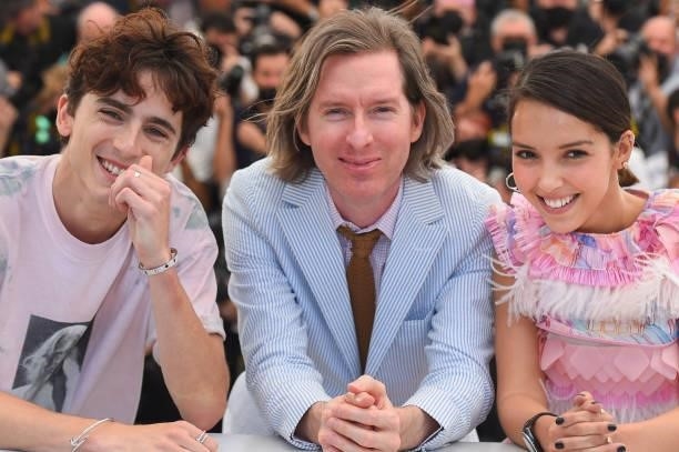 Timothée Chalamet, Wes Anderson and Lyna Khoudri attend the "The French Dispatch