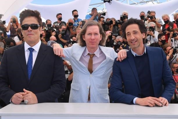 Benicio Del Toro, Wes Anderson and Adrien Brody attend the "The French Dispatch