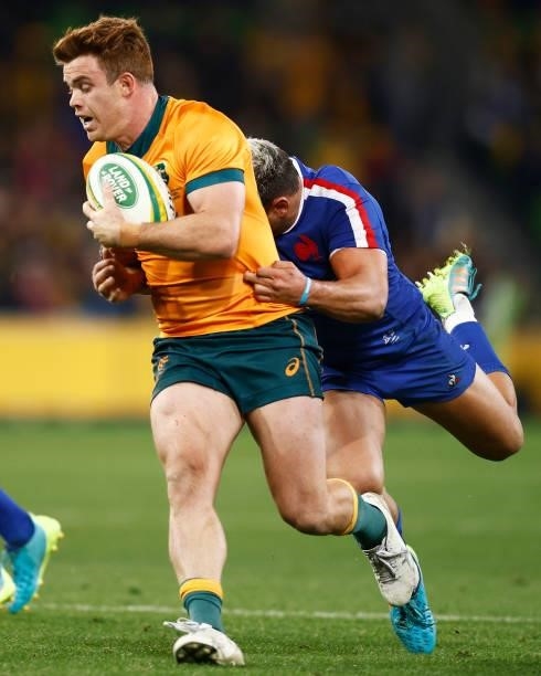 Andrew Kellaway of the Wallabies is tackled during the International Test match between the Australian Wallabies and France at AAMI Park on July 13,...