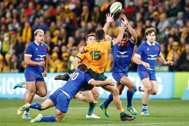 Louis Carbonel of France tackles Tom Banks of the Wallabies during the International Test match between the Australian Wallabies and France at AAMI...