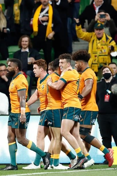 Wallabies players celebrates a try by Michael Hooper during the International Test match between the Australian Wallabies and France at AAMI Park on...