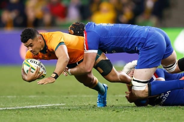Hunter Paisami of the Wallabies is tackled by Killian Geraci of France during the International Test match between the Australian Wallabies and...