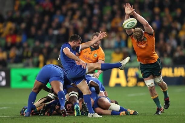 Baptiste Couilloud of France kicks ahead during the International Test match between the Australian Wallabies and France at AAMI Park on July 13,...