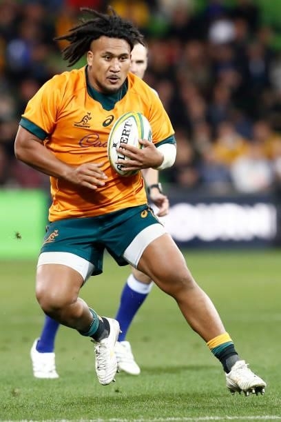 Brandon Paenga-Amosa of the Wallabies runs with the ball during the International Test match between the Australian Wallabies and France at AAMI Park...
