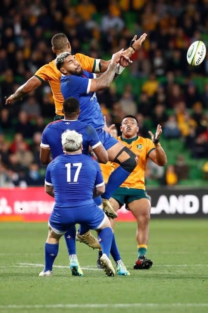 Romain Taofifenua of France leaps for the ball during the International Test match between the Australian Wallabies and France at AAMI Park on July...