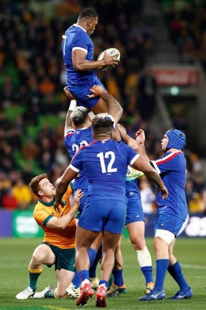 Cameron Woki of France catches the ball during the International Test match between the Australian Wallabies and France at AAMI Park on July 13, 2021...