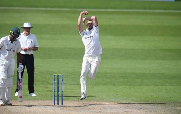 Matthew Lamb of Warwickshire bowls during the LV = Insurance County Championship match between Worcestershire and Warwickshire at New Road on July...