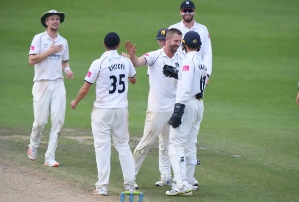Matthew Lamb of Warwickshire celebrates taking the wicket of Ish Sodhi of Worcestershire during the LV = Insurance County Championship match between...