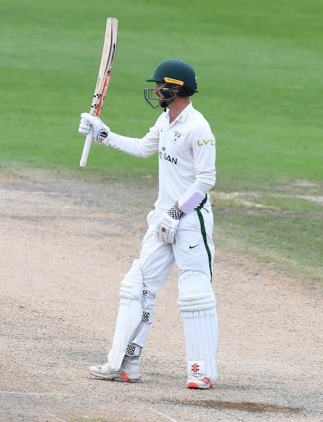 Ed Barnard of Worcestershire celebrates reaching his 50 during the LV = Insurance County Championship match between Worcestershire and Warwickshire...