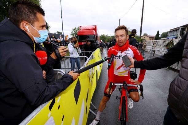 Pierre-Luc Périchon of France and Team Cofidis meets the media press at arrival during the 108th Tour de France 2021, Stage 16 a 169km stage from Pas...