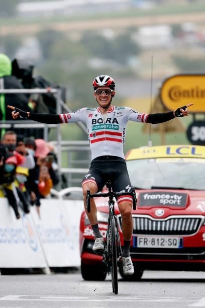 Patrick Konrad of Austria and Team BORA - Hansgrohe stage winner celebrates at arrival during the 108th Tour de France 2021, Stage 16 a 169km stage...