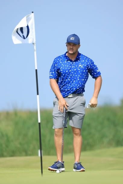 Bryson Dechambeau of The United States looks on during a practice round for The 149th Open at Royal St George’s Golf Club on July 13, 2021 in...