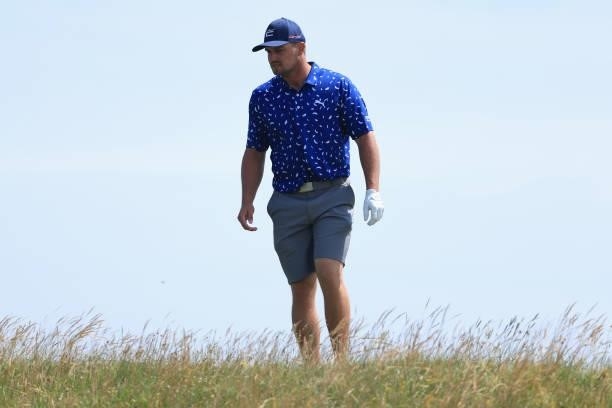 Bryson Dechambeau of The United States looks on during a practice round for The 149th Open at Royal St George’s Golf Club on July 13, 2021 in...
