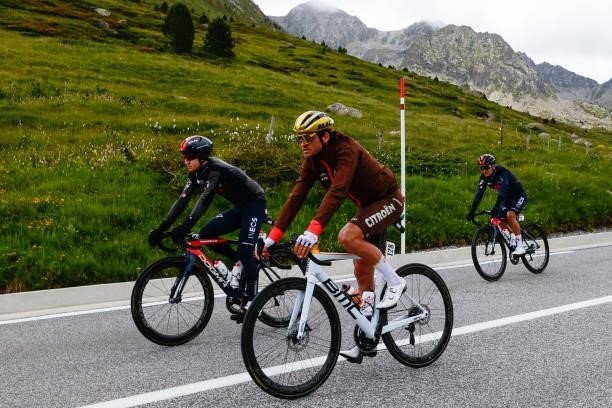 Greg Van Avermaet, from AG2R Citroen Team, and Michal Kwiatkowski and Richard Carapaz, from INEOS Grenadiers, during the 108th Tour de France 2021,...