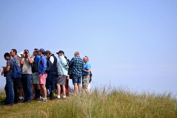 General view of spectators at the 11th tee during a practice round for The 149th Open at Royal St George’s Golf Club on July 13, 2021 in Sandwich,...