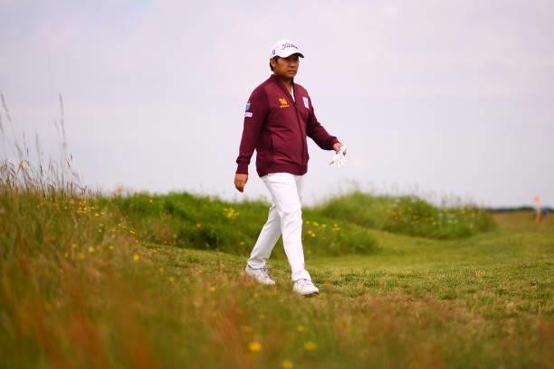 Poom Saksansin of Thailand looks on during a practice round for The 149th Open at Royal St George’s Golf Club on July 13, 2021 in Sandwich, England.