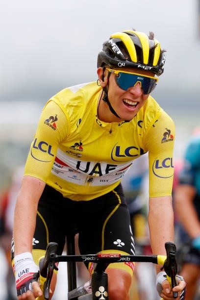 Tadej Pogačar of Slovenia and UAE-Team Emirates yellow leader jersey at arrival during the 108th Tour de France 2021, Stage 16 a 169km stage from Pas...