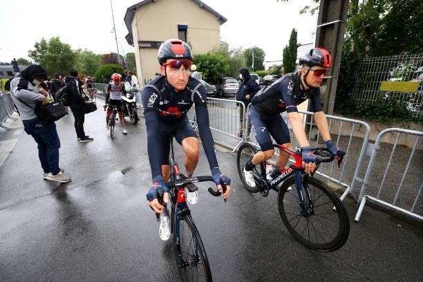 Tao Geoghegan Hart of The United Kingdom & Dylan Van Baarle of The Netherlands and Team INEOS Grenadiers at arrival during the 108th Tour de France...