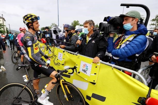 Sepp Kuss of The United States and Team Jumbo-Visma meets the media press at arrival during the 108th Tour de France 2021, Stage 16 a 169km stage...