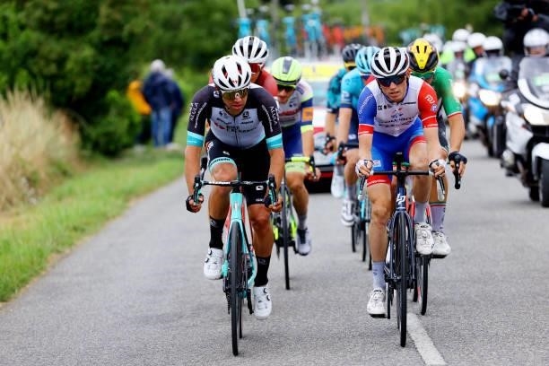 Michael Matthews of Australia and Team BikeExchange & David Gaudu of France and Team Groupama - FDJ in breakaway during the 108th Tour de France...