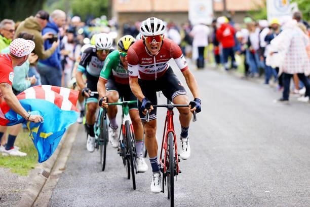 Toms Skujiņš of Latvia and Team Trek - Segafredo in breakaway during the 108th Tour de France 2021, Stage 16 a 169km stage from Pas de la Casa to...