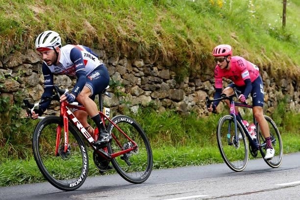 Julien Bernard of France and Team Trek - Segafredo & Neilson Powless of The United States and Team EF Education - Nippo during the 108th Tour de...